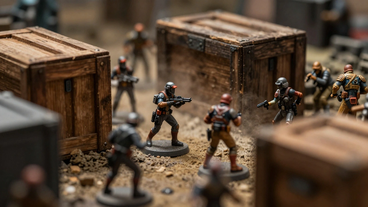 Миниатюры используют укрытие среди разрушенных зданий и ящиков