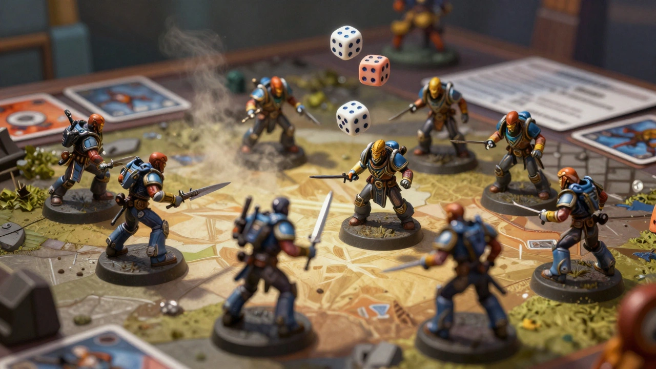 Миниатюры в бою на игровом поле, кубики в воздухе