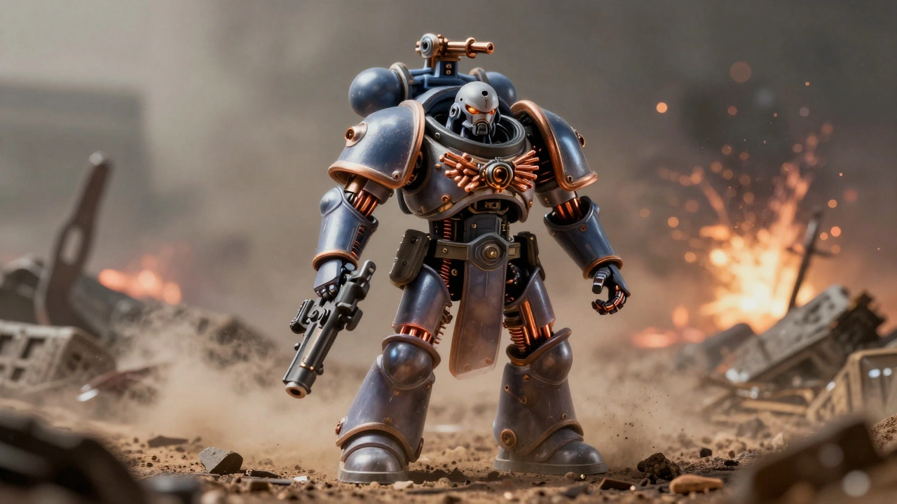 Модель Вархаммер 40К с прозрачными внутренними штифтами, подчеркивающими прочность конструкции на фоне поля боя.