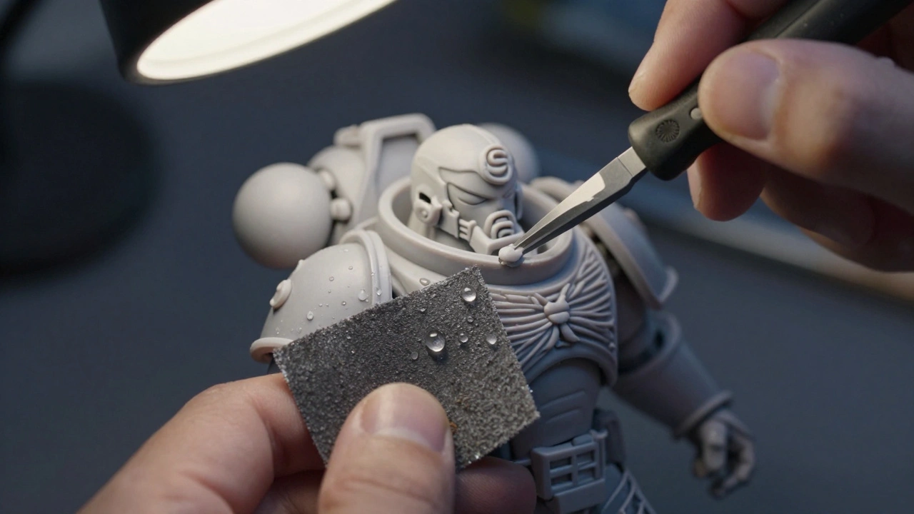 Моделист аккуратно снимает остаток пластика с детали модельным ножом, используя мокрую наждачную бумагу.