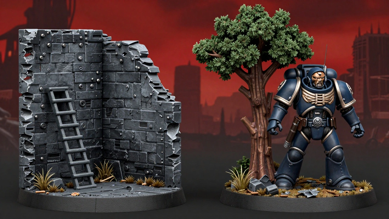 Modular Warhammer 40K terrain elements displayed next to a 30mm miniature for precise scale comparison.