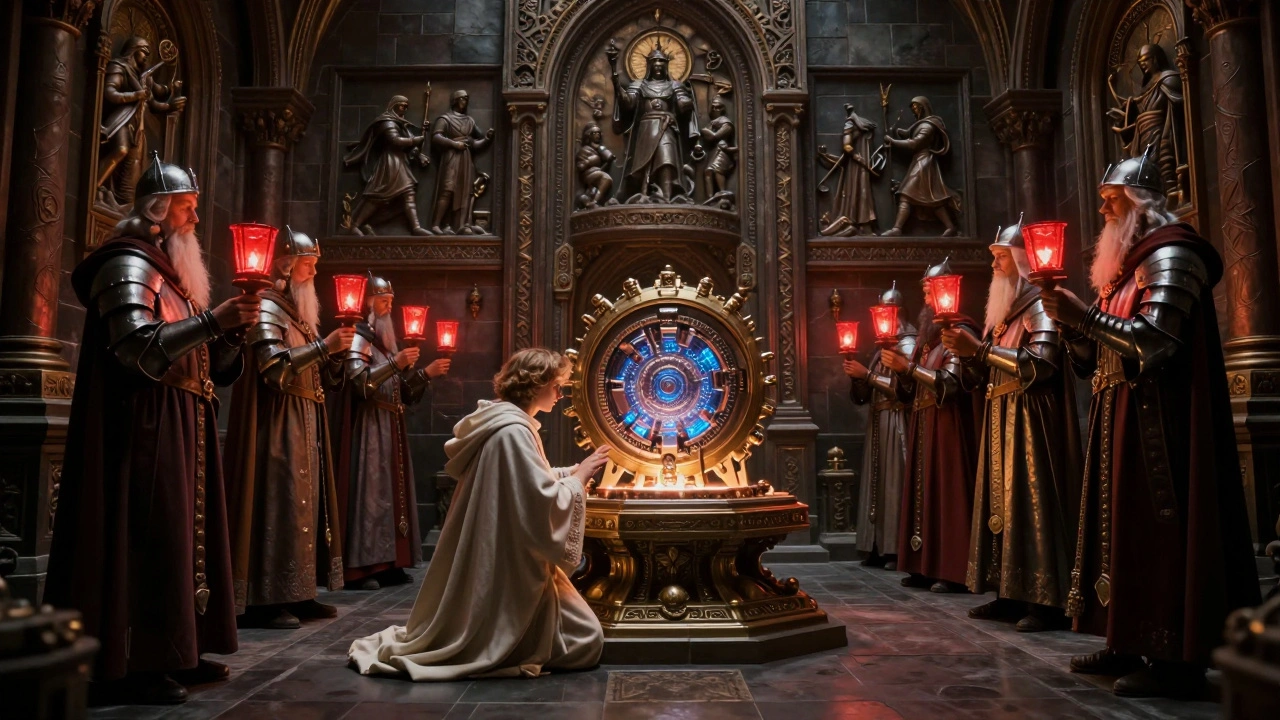 Молодой наследник в ритуальных одеждах стоит перед ожившим машинным духом в древнем святилище.