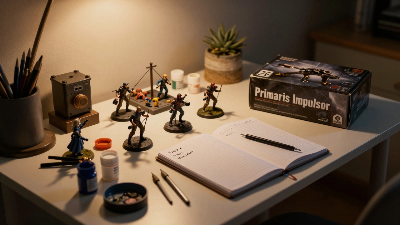 На столе разбросаны краски и миниатюры, рядом лежит нераскрытый набор и записка с вопросами.