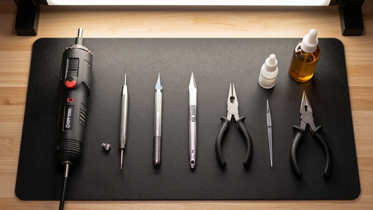 Набор инструментов для ремонта моделей на рабочей поверхности