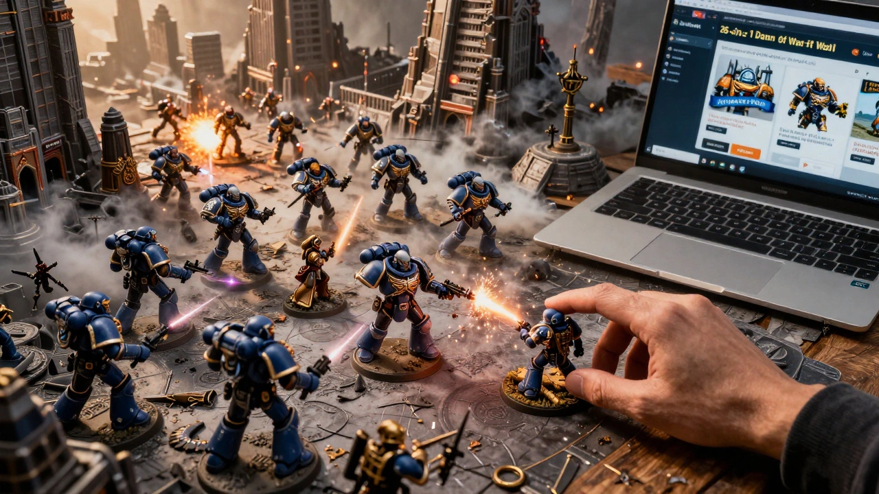 Настольная битва Warhammer 40K между Ультрамаринами и Хаосом, с игроком, регулирующим миниатюру, и ноутбуком с распродажей на фоне.