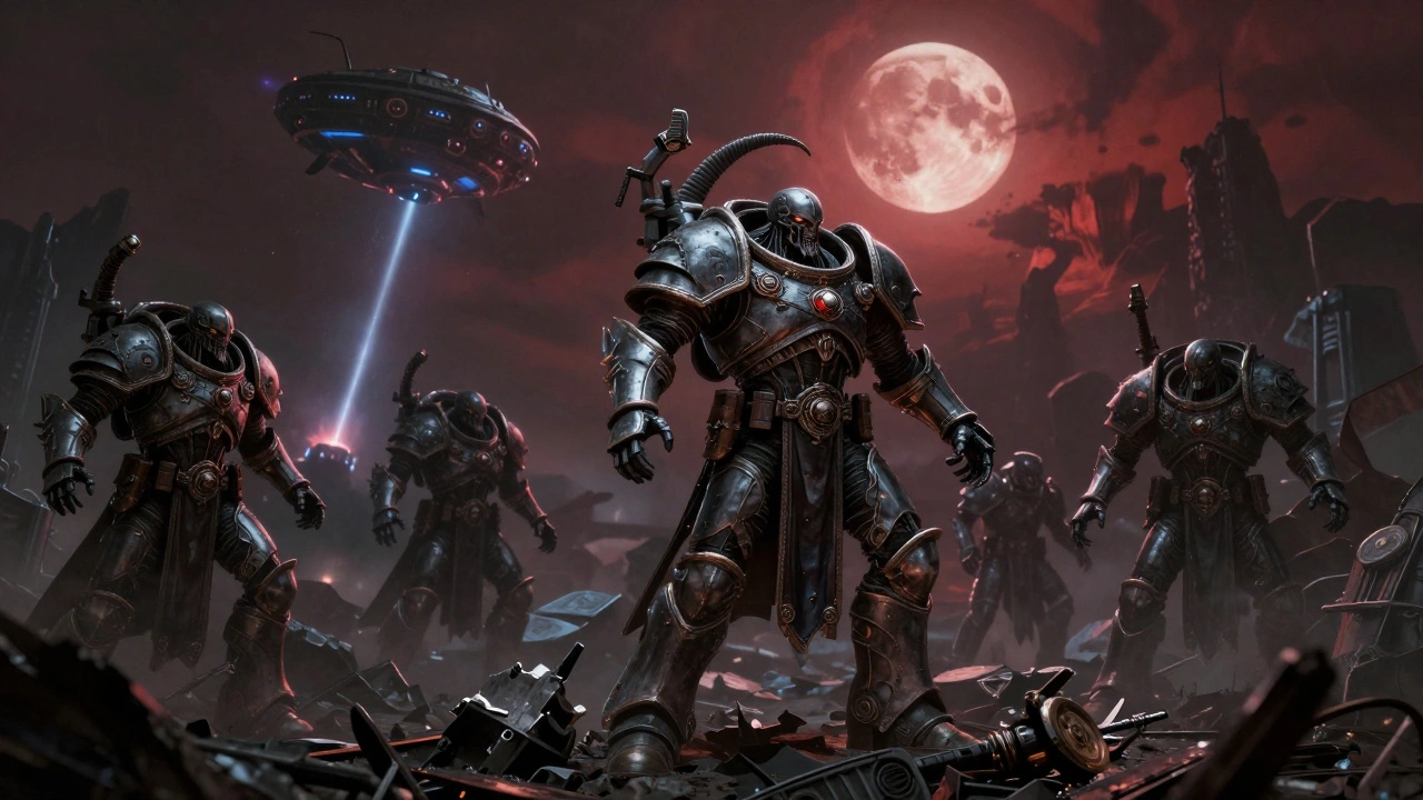 Necron warriors reanimating on battlefield with Ark and Transport in background.