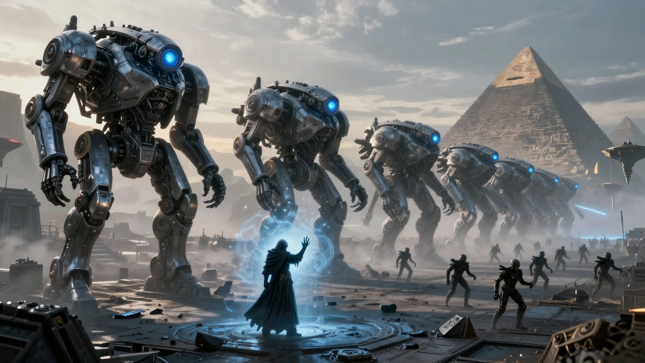 Некроны медленно пробуждаются на древнем кладбище, их механизмы движутся в синхронности под холодным утренним светом.