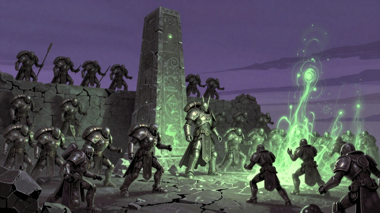 Некроны в обороне: воины за стенами, монолит светится, личгард и лорд с восстановлением на поле боя.