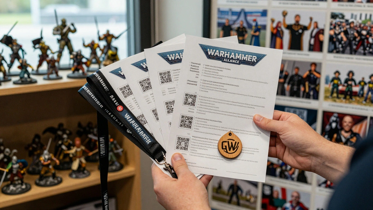 Официальный набор Warhammer Alliance: правила, бейджи и жетоны на фоне миниатюр и фотографий клубных мероприятий.