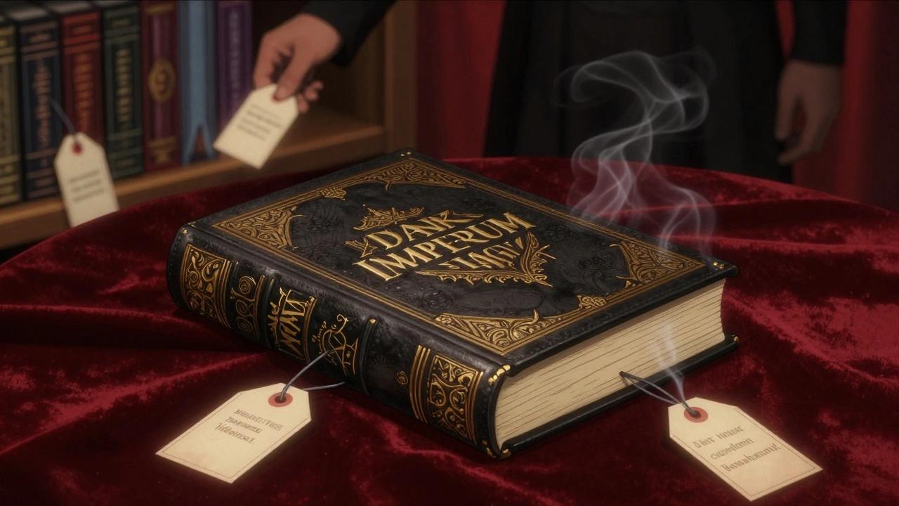 Ограниченное издание Dark Imperium с золотым тиснением на бархате, рядом — тлеющие ценники.
