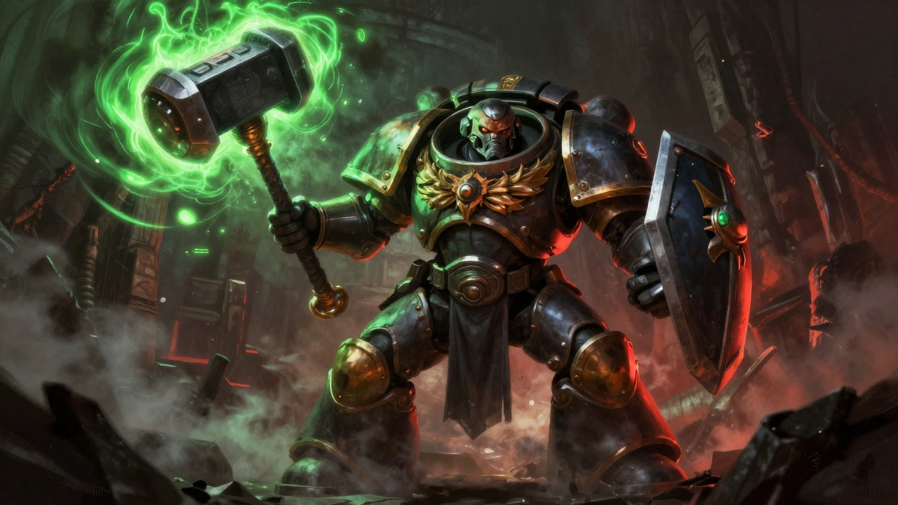 Огромный демон Хелбрут с молотом атакует космодесантника в темноте.