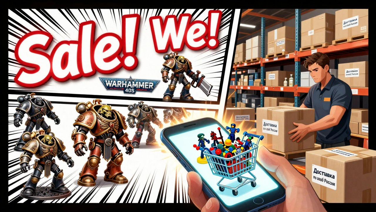 Онлайн-маркетплейс Ozon с распродажей миниатюр Warhammer 40K и упаковкой заказов.