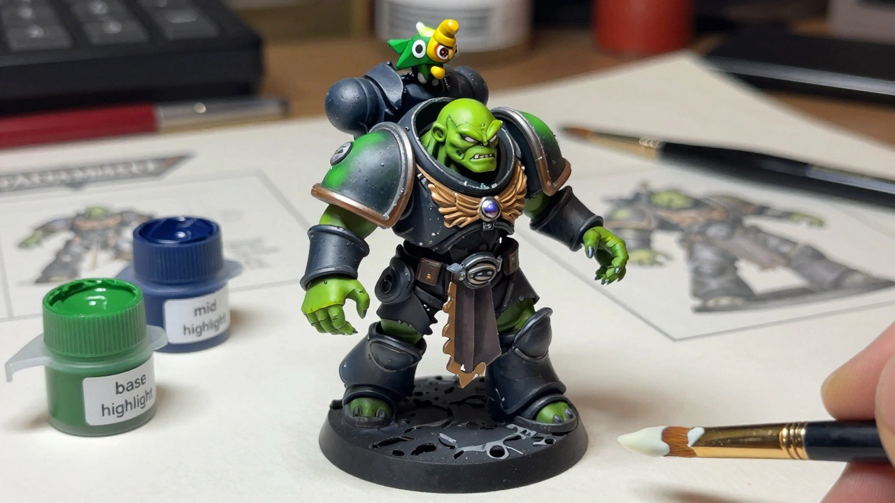 Орк-миниатюра с поэтапным нанесением слоёв: тень, основной цвет и блик только на самых высоких точках.