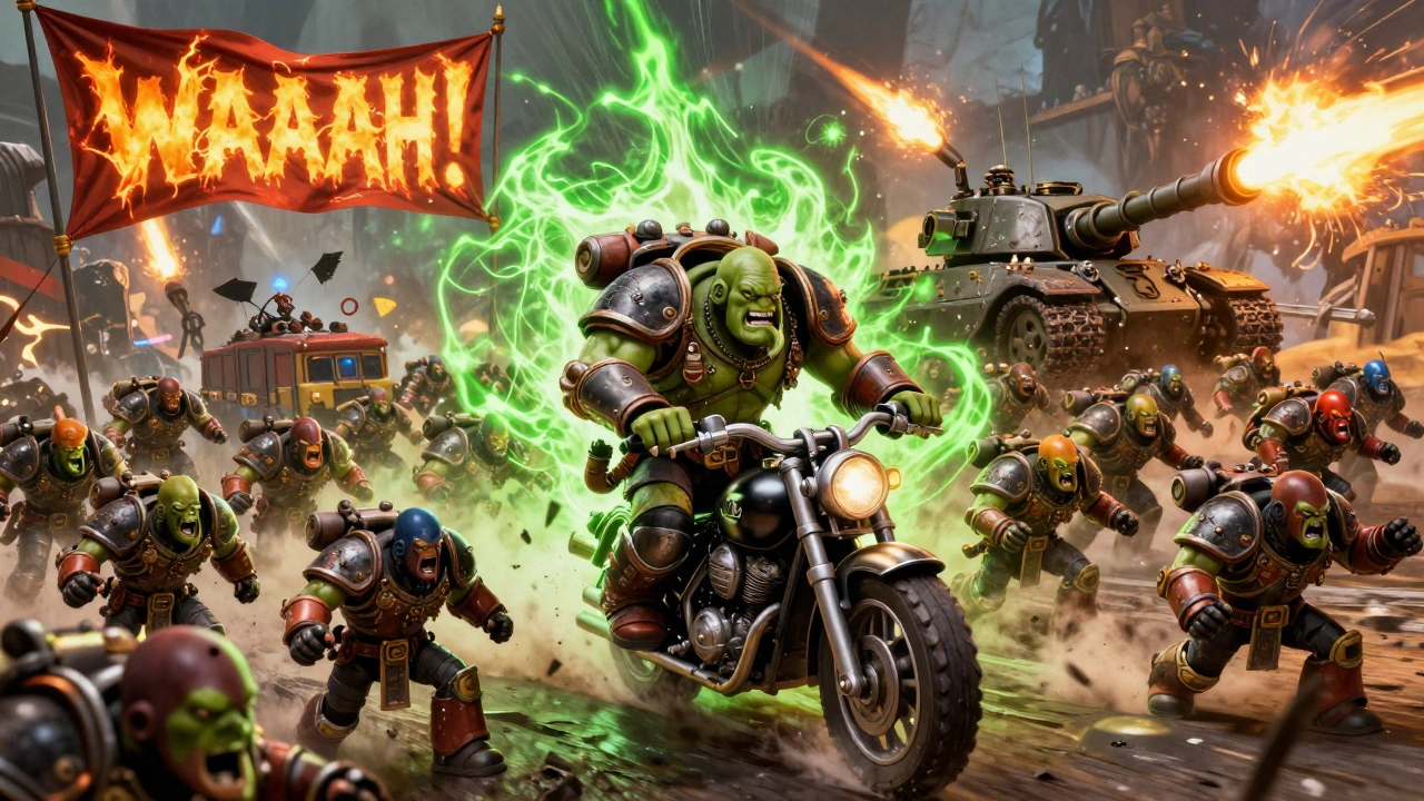 Ork Warboss leading horde with banner and tank, surrounded by chaotic energy.