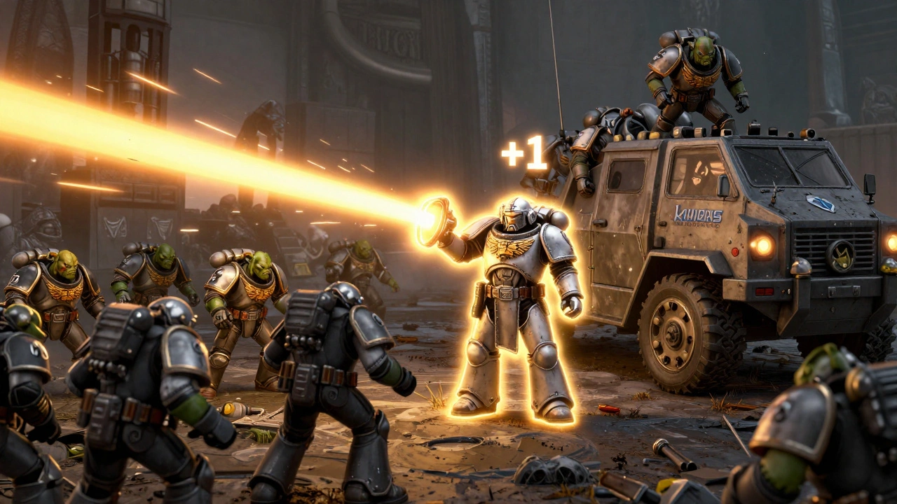 Орки на грани паники из-за боевого шока, в то время как космодесантники под защитой лидера и транспорта остаются стабильными.