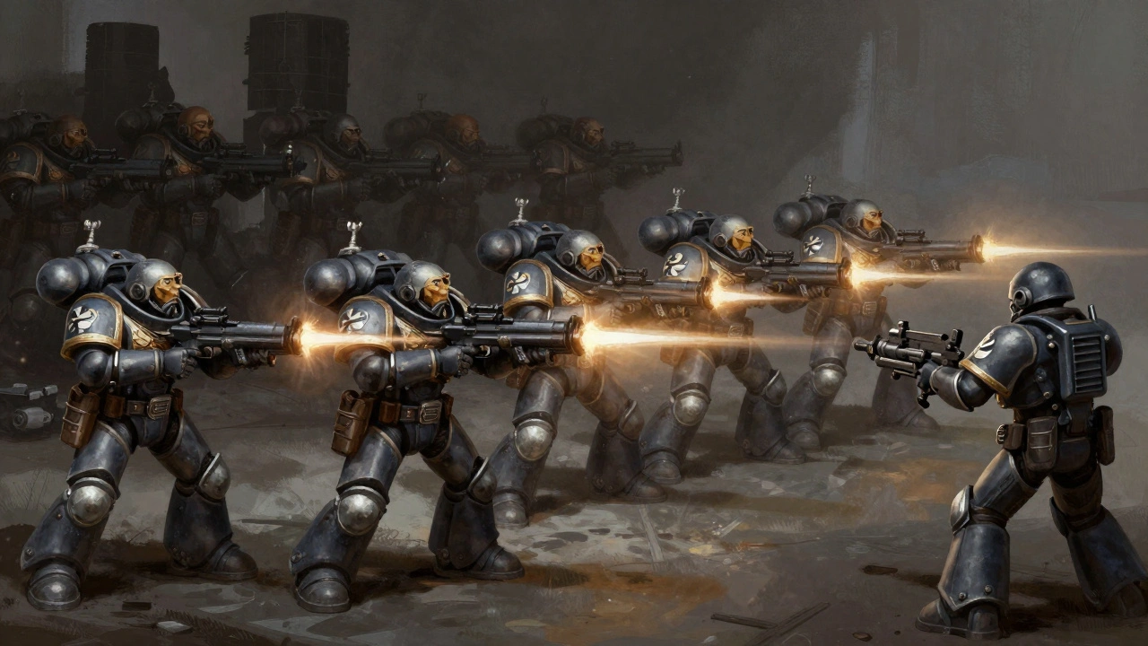 Отряд стреляет одним типом оружия по одной цели, пока другие оружия ждут своей очереди в рамках фазы стрельбы.