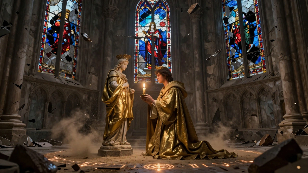 Паладин в разрушенном храме перед статуей Императора, держит зажигающуюся свечу.