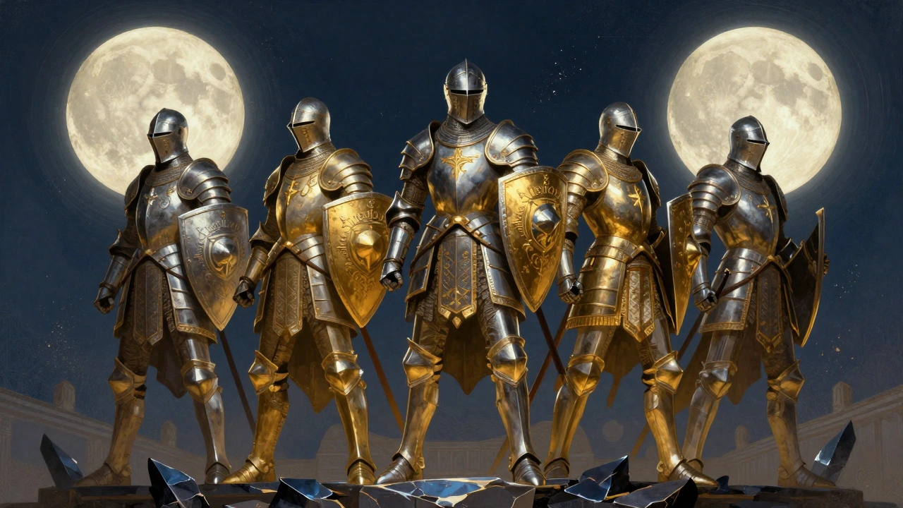 Пять фигур Легио Кустодес в уникальных позах с индивидуальными гербами на щитах, стоят на разрушенном алтаре.