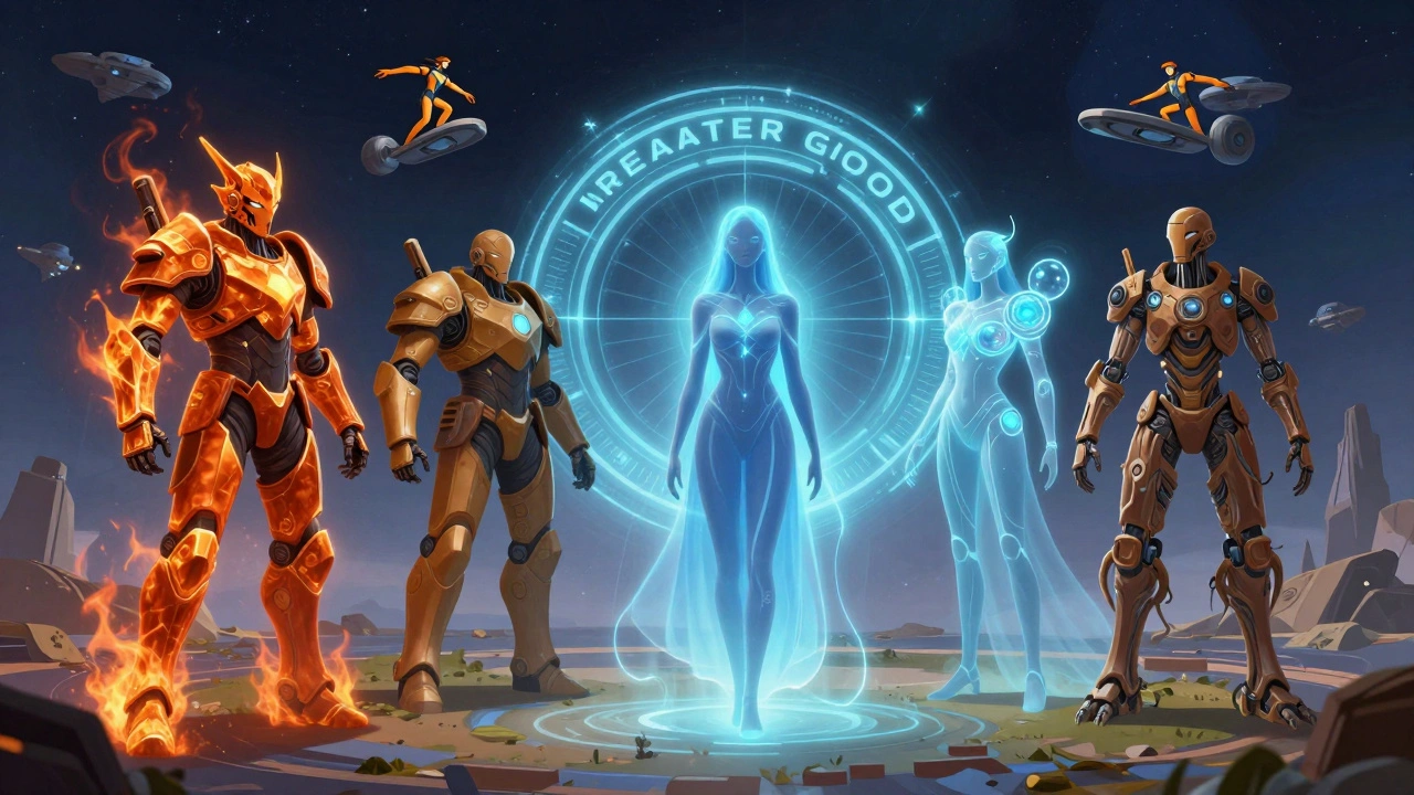 Пять каст Т'ау стоят в кругу вокруг символа Великого Блага, каждая в своей уникальной форме и одежде.