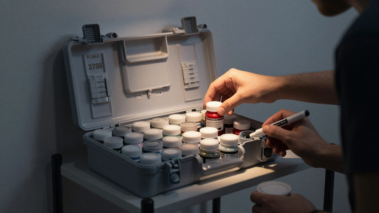 Пластиковый кейс Plano 3700 с плотно упакованными баночками красок, рука достает одну из них.