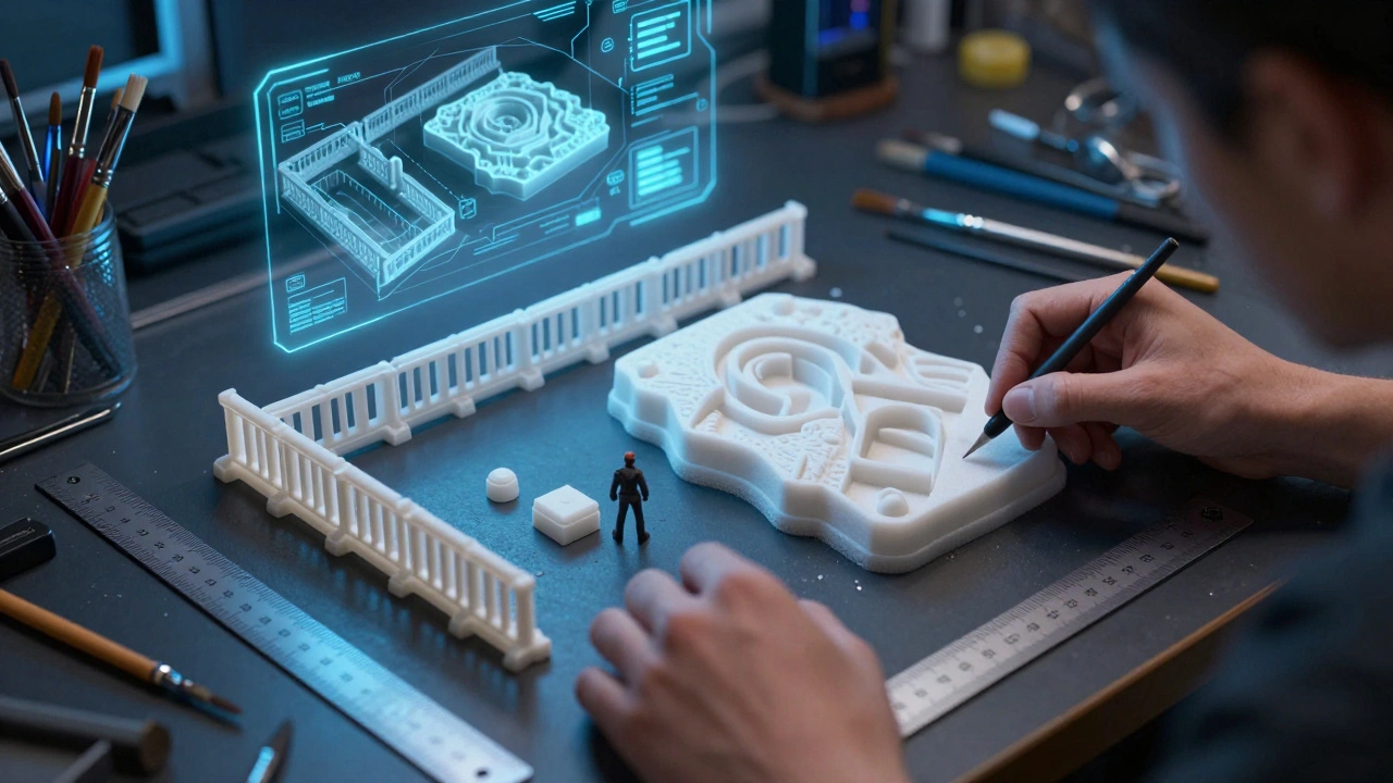 Player assembling 3D-printed terrain for Warhammer 40K with tools and miniature figure for scale reference.