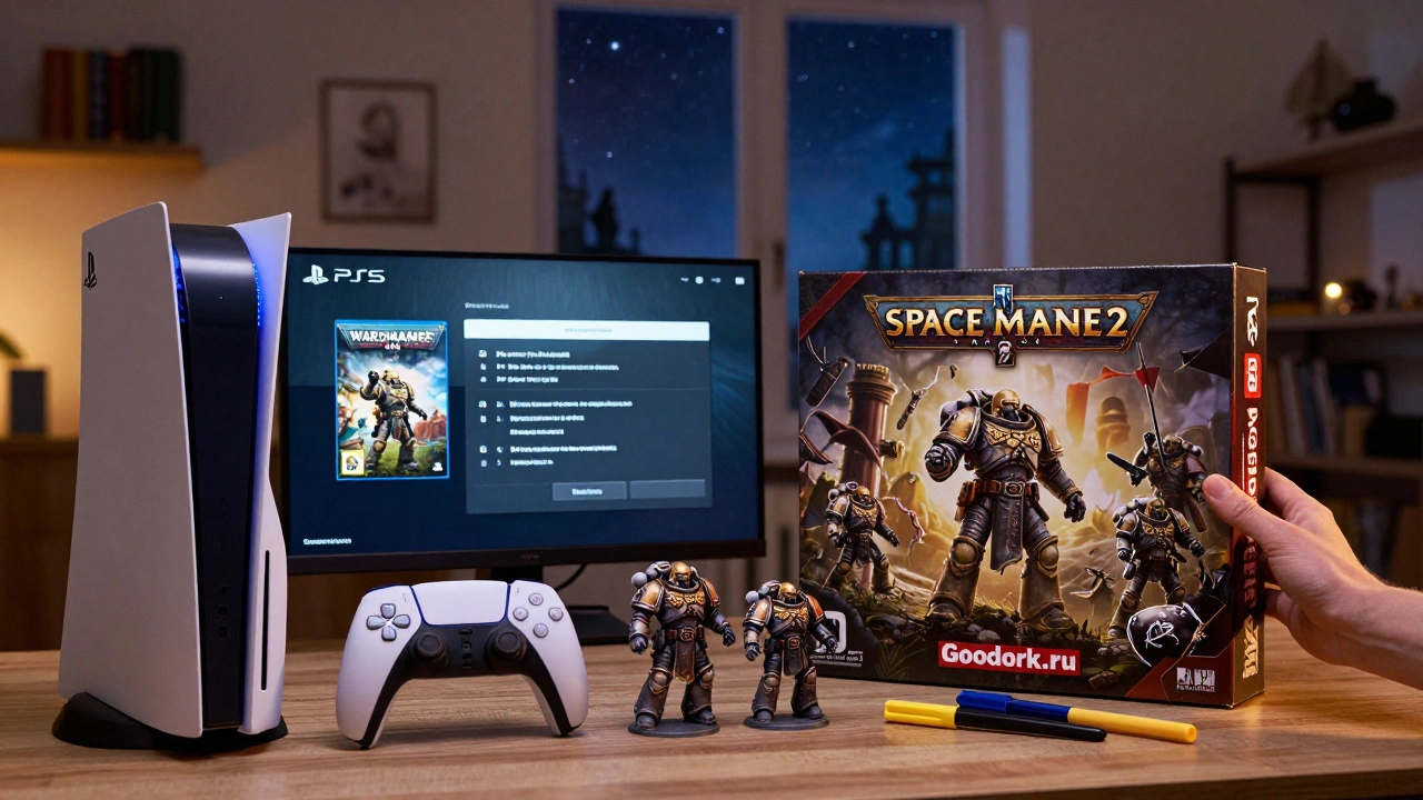 PlayStation 5 с игрой Warhammer 40K: Space Marine 2 и коробка миниатюр Goodork.ru с покрашенными солдатами на фоне российской комнаты.