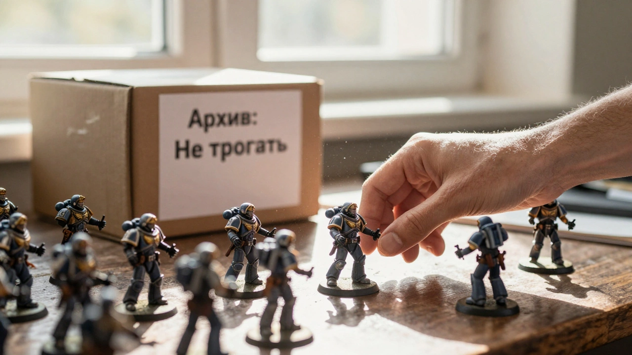 Покрашенная миниатюра на игровом поле, на полке — закрытая коробка с надписью 'Архив'.