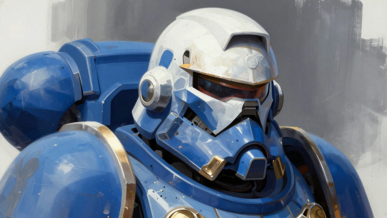 Пошаговая окраска шлема космодесантника: темный, средний и светлый слои с тенями и подсветкой.