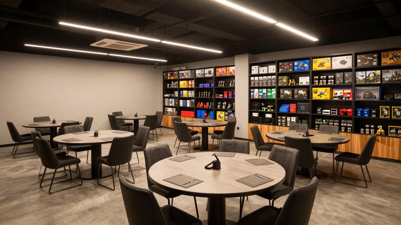 Просторный зал с полными полками оборудования для настольных игр