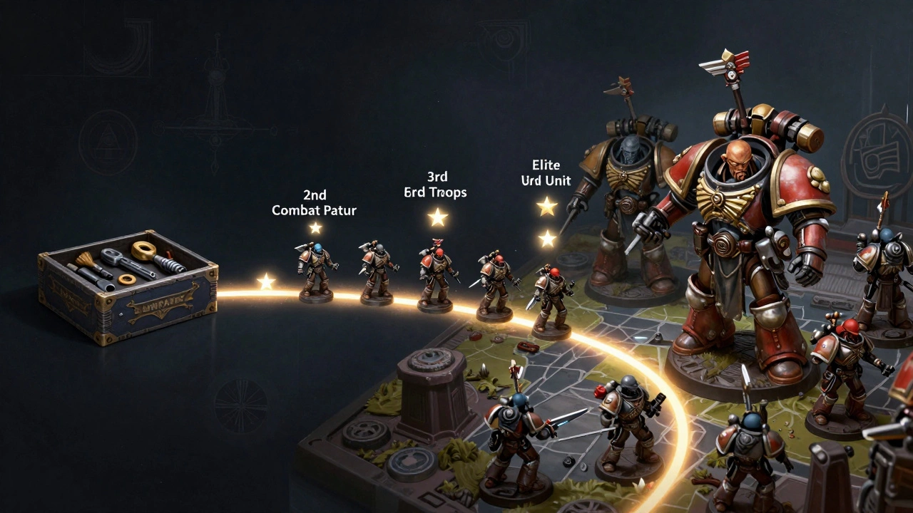 Путь новичка: от одной коробки до полноценной армии в 2000 очков, показанный как светящийся путь моделей.