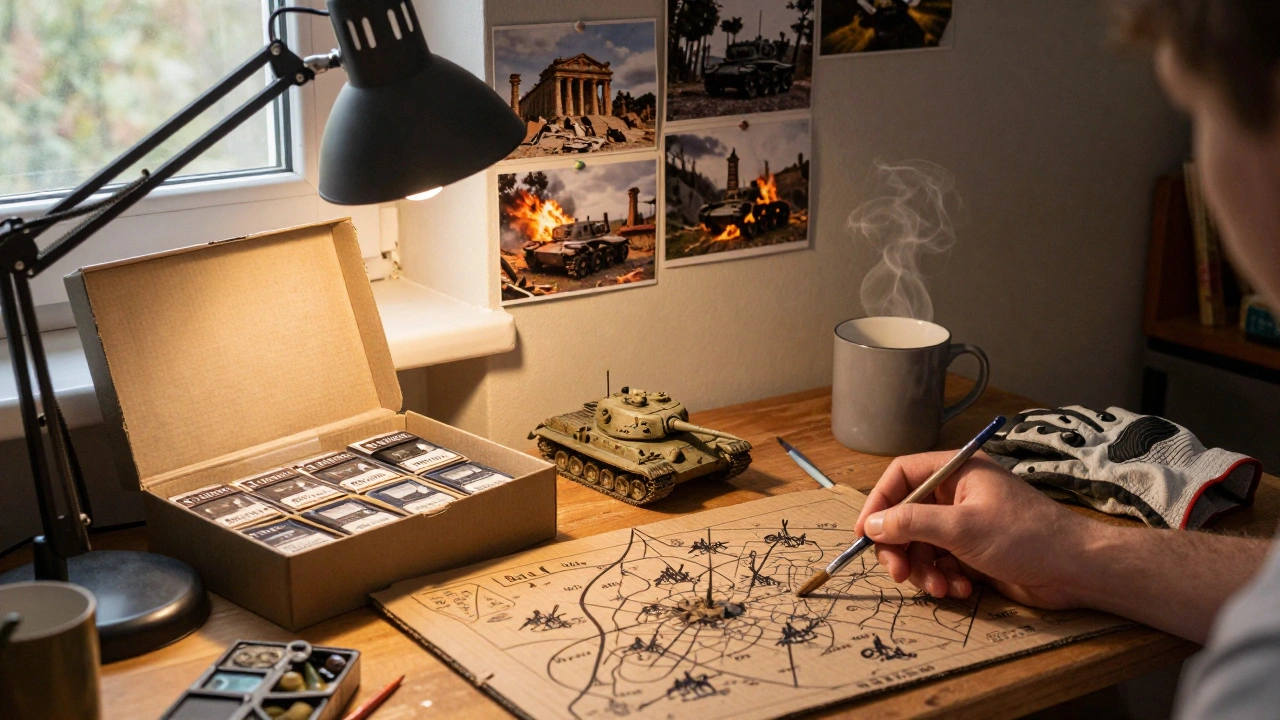 Рабочее место хоббиста в России: 15 мм миниатюры, кисти и карта на столе при тёплом свете лампы.