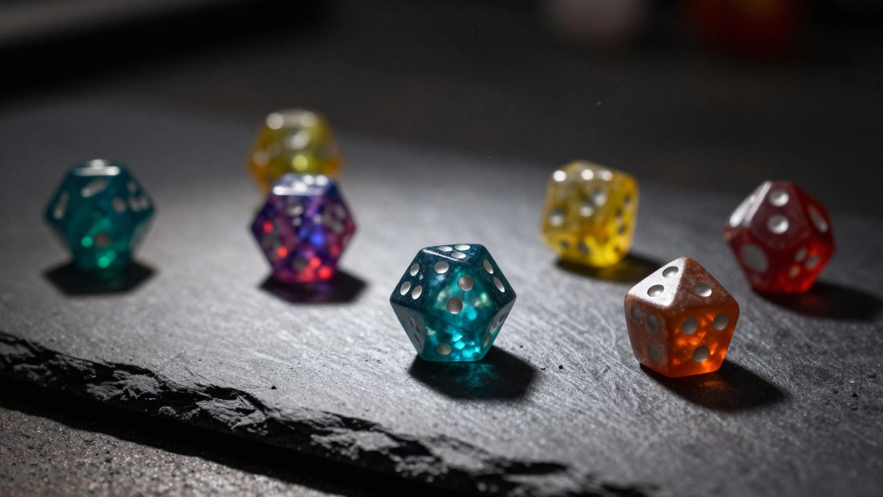 Разноцветные шестигранные кости лежат на текстурированной поверхности в лучах света.