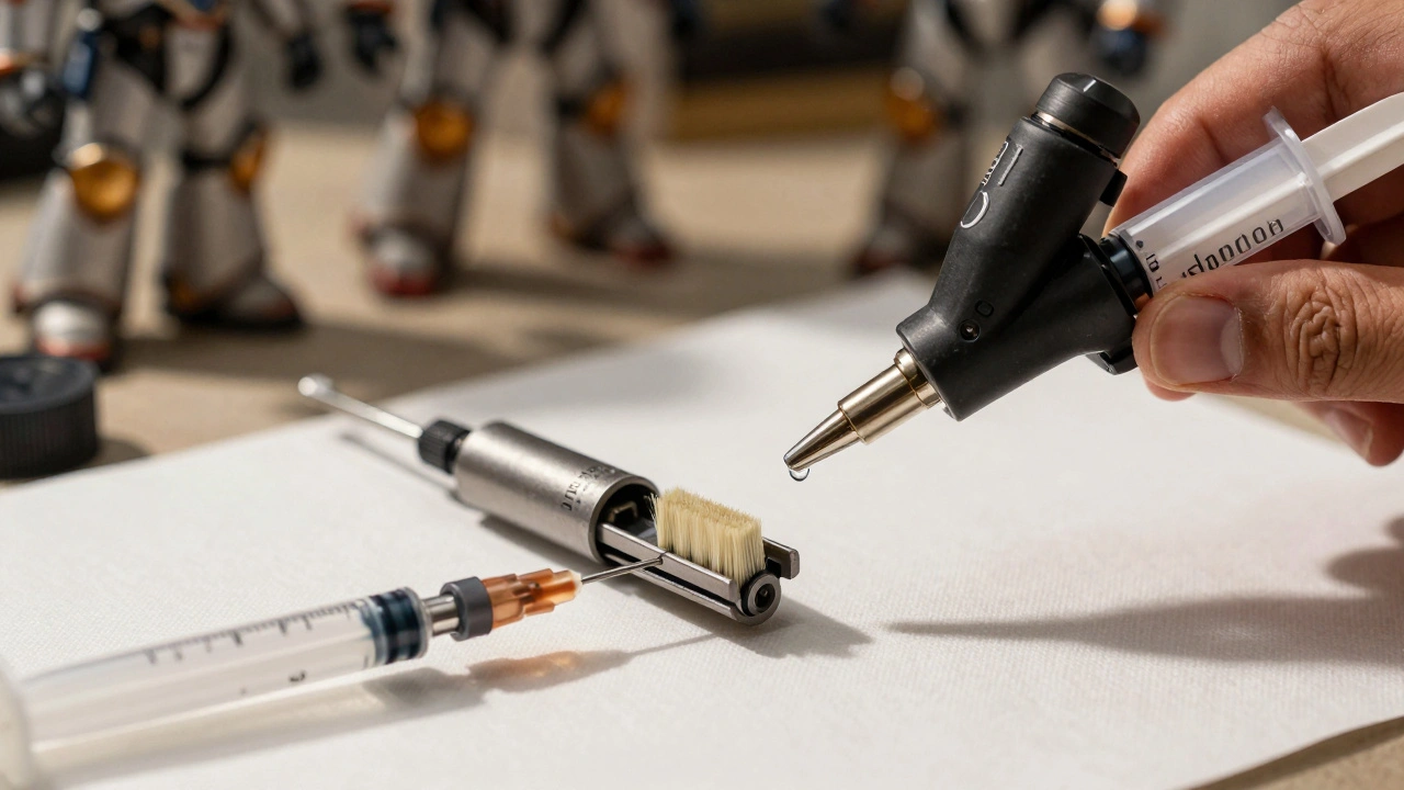 Разобранный аэрограф с очистителем и ершиком, на белой ткани.