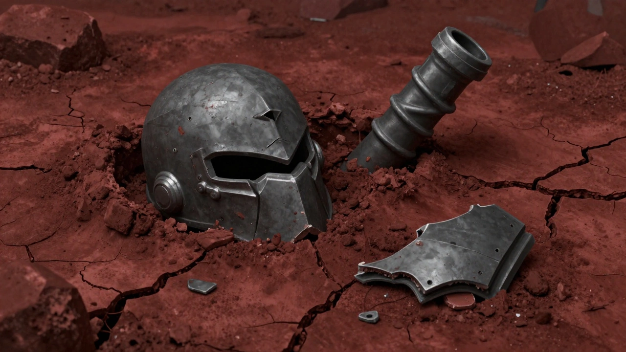 Разрушенный шлем и обломки брони, частично закопанные в красную землю пустоши.
