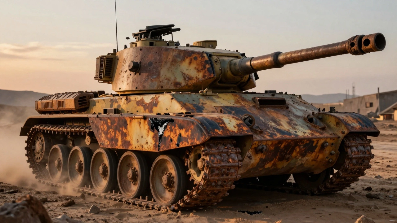 Разрушенный танк Империи с реалистичной ржавчиной, созданной пигментами, освещённый закатом в пустынной зоне боя.