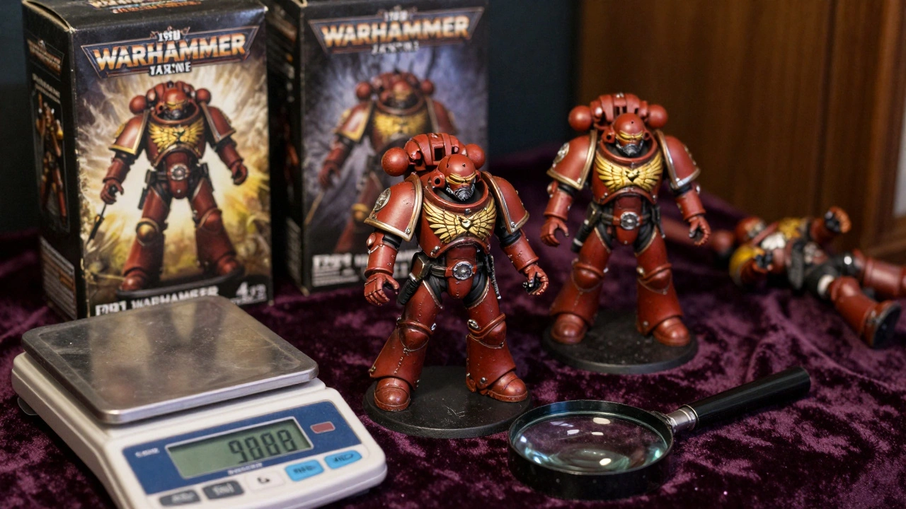 Редкие металлические миниатюры Warhammer 40K 1990-х годов с оригинальной упаковкой на бархатной ткани, рядом — масштаб для сравнения веса.