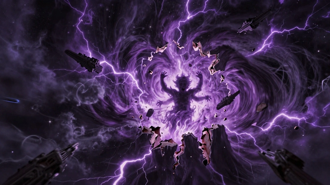 Рождение Слаанеша, разрывающее реальность пурпурным вихрем Варпа