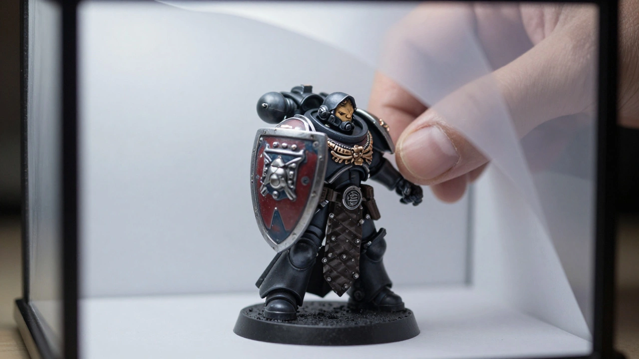 Рука кладёт миниатюру Warhammer 40K в фотобокс, мягкий свет подчёркивает детали брони и плаща.