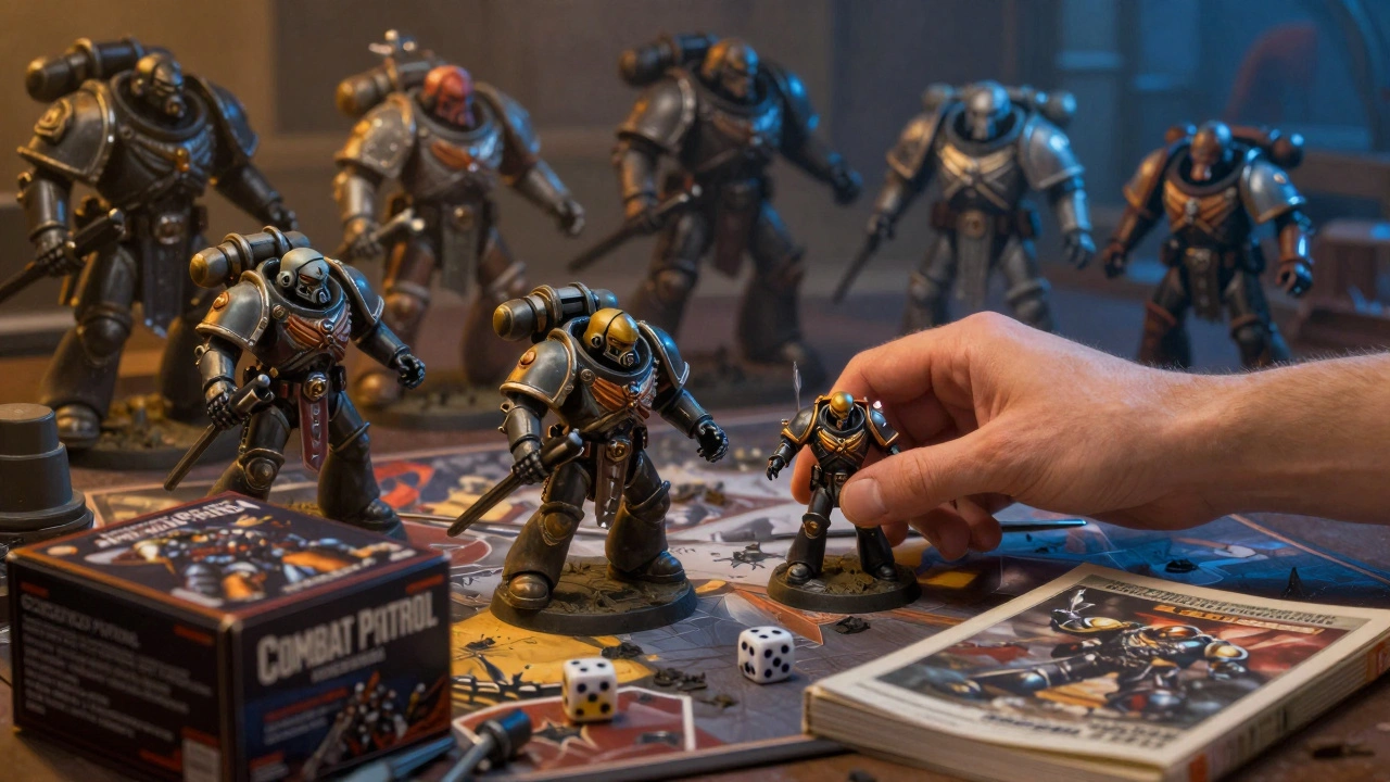 Рука кладет модель космодесанта рядом с некроном, открытая стартовая коробка и кости на столе — начало пути.