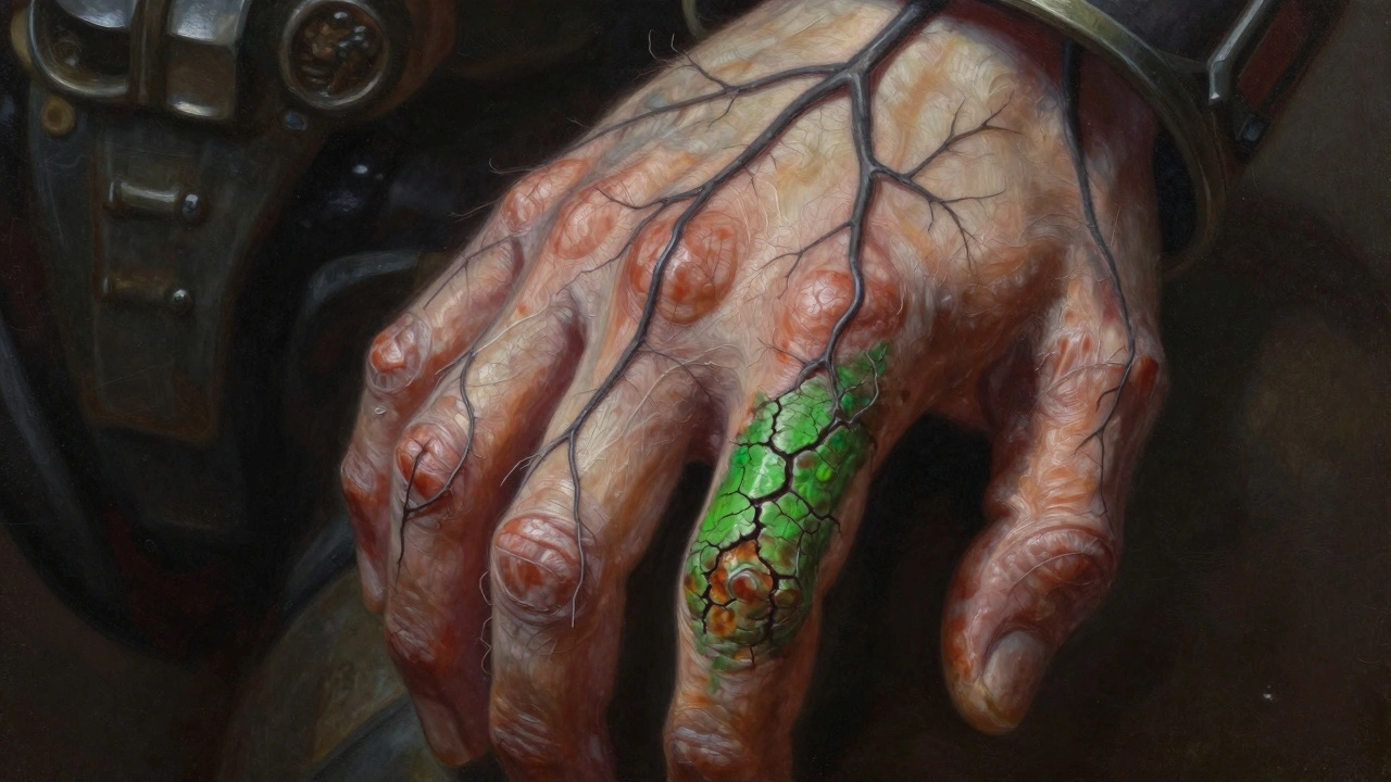 Рука космодесантника Хаоса с извивающимися венами и мутацией на суставе, окружённой ржавыми узорами.