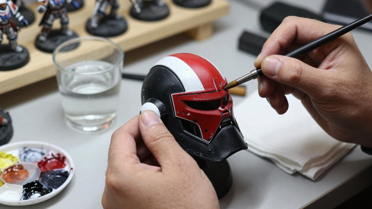 Рука красит шлем космодесантника с тенями и бликами на миниатюре.