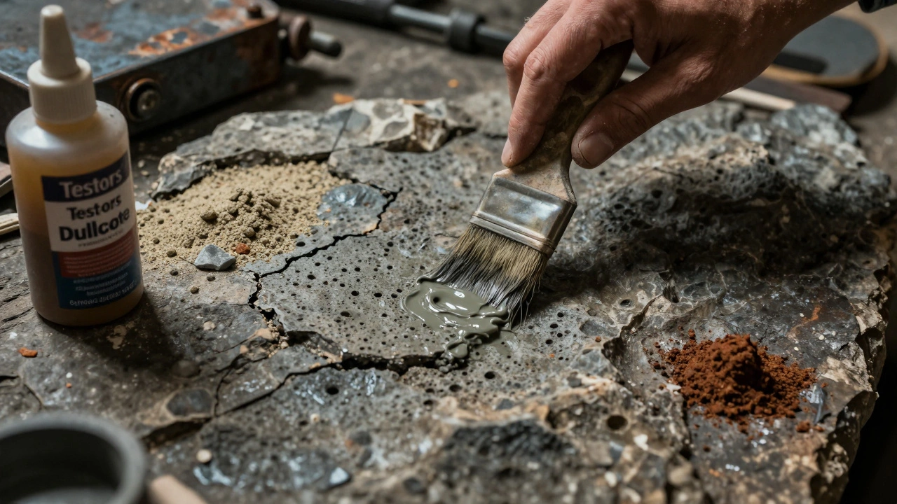 Рука наносит смесь пигмента и связующего на шероховатую поверхность террейна с помощью сухой кисти.