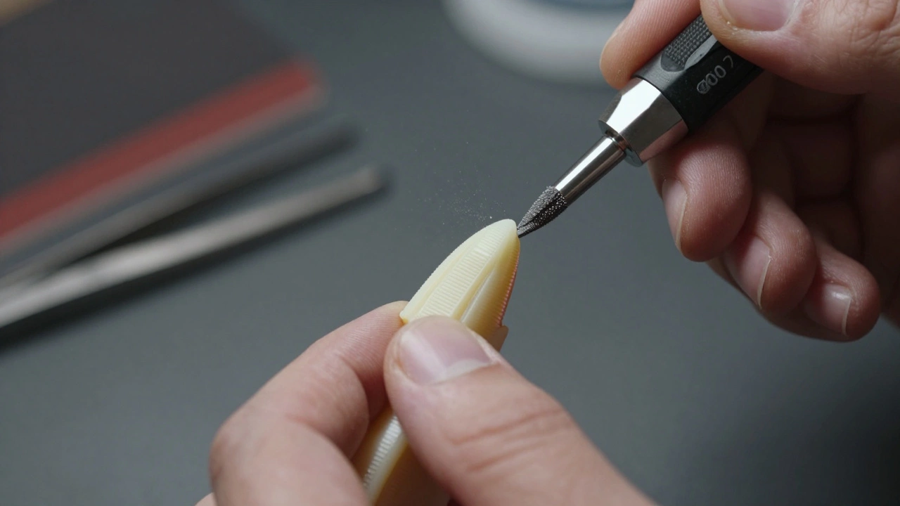 Рука шлифует острые края 3D-печатного оружия алмазным надфилем, видны слои смолы и пыль.