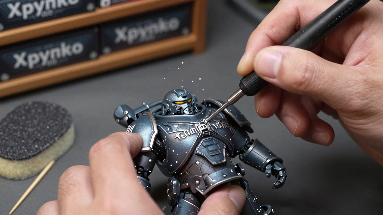 Рука восстанавливает панельные линии на броне модели с помощью скребка.