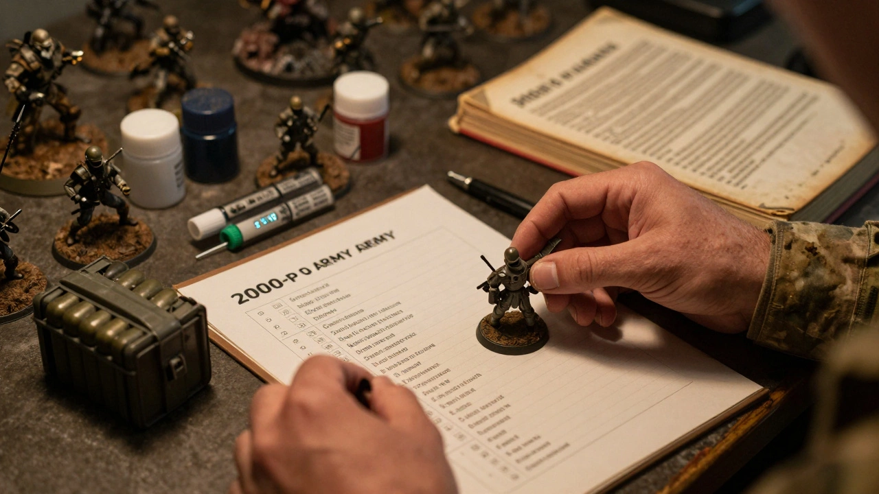 Руки игрока кладут медицинский модуль и боеприпасы на список армии, подчеркивая важность каждого пункта в 2000 очков.