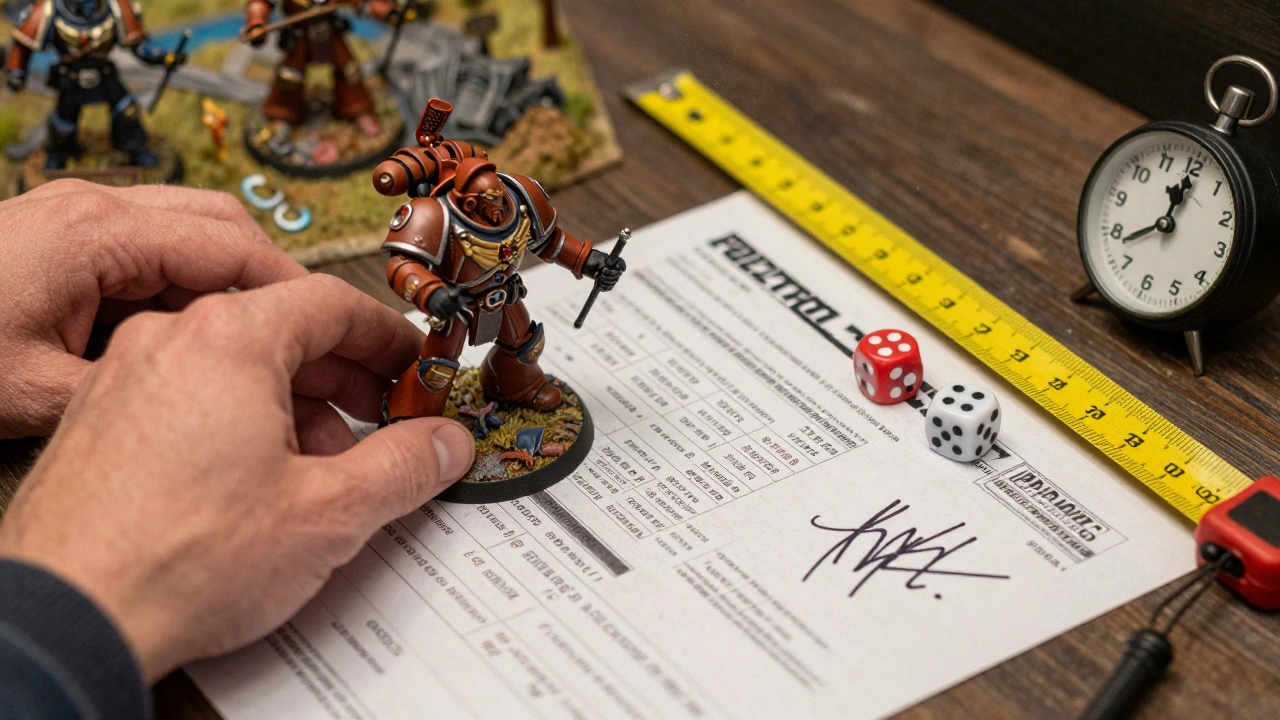 Руки игрока ставят раскрашенную модель на поле боя, рядом — печатный ростер и работающий таймер.