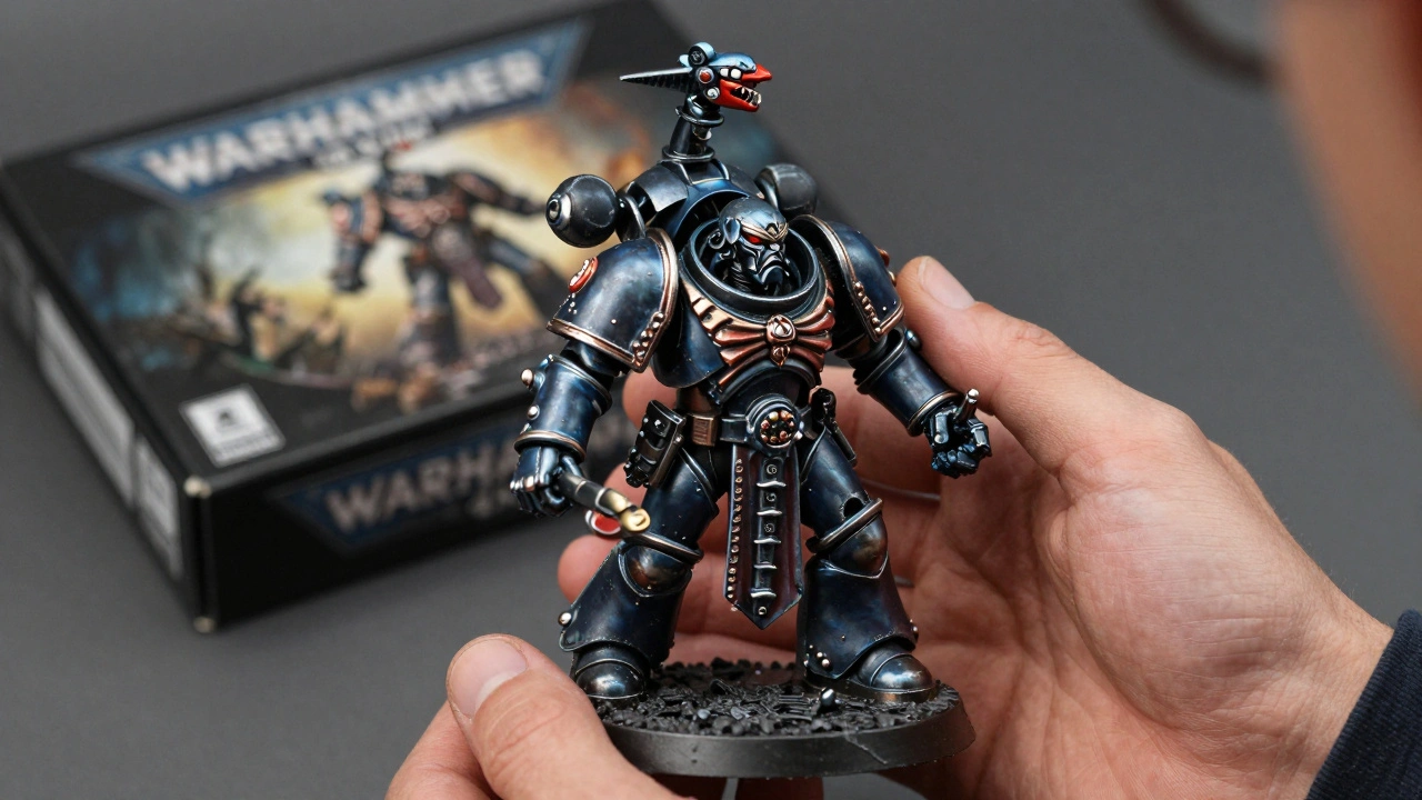 Руки коллекционера держат тяжелую металлическую миниатюру Dark Eldar Ravager 1996 года на фоне современного пластикового набора.