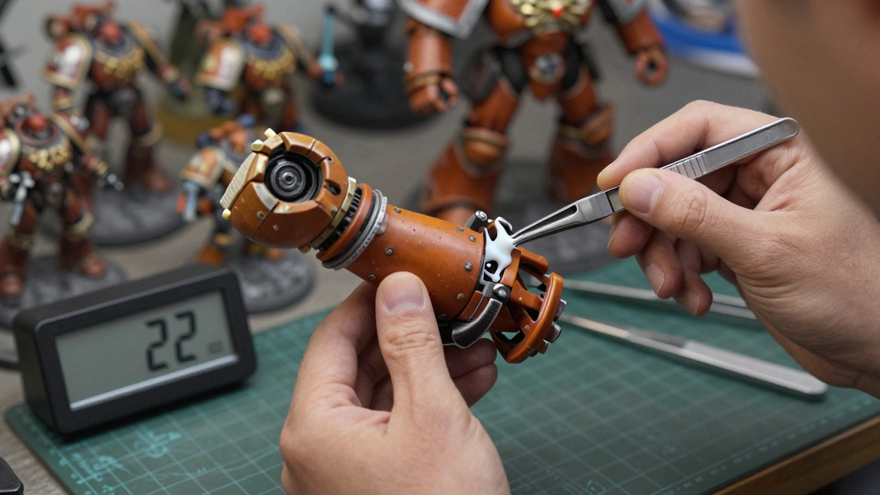 Руки моделиста используют зажим и пинцет для точной установки руки Титана во время высыхания пластикового клея.