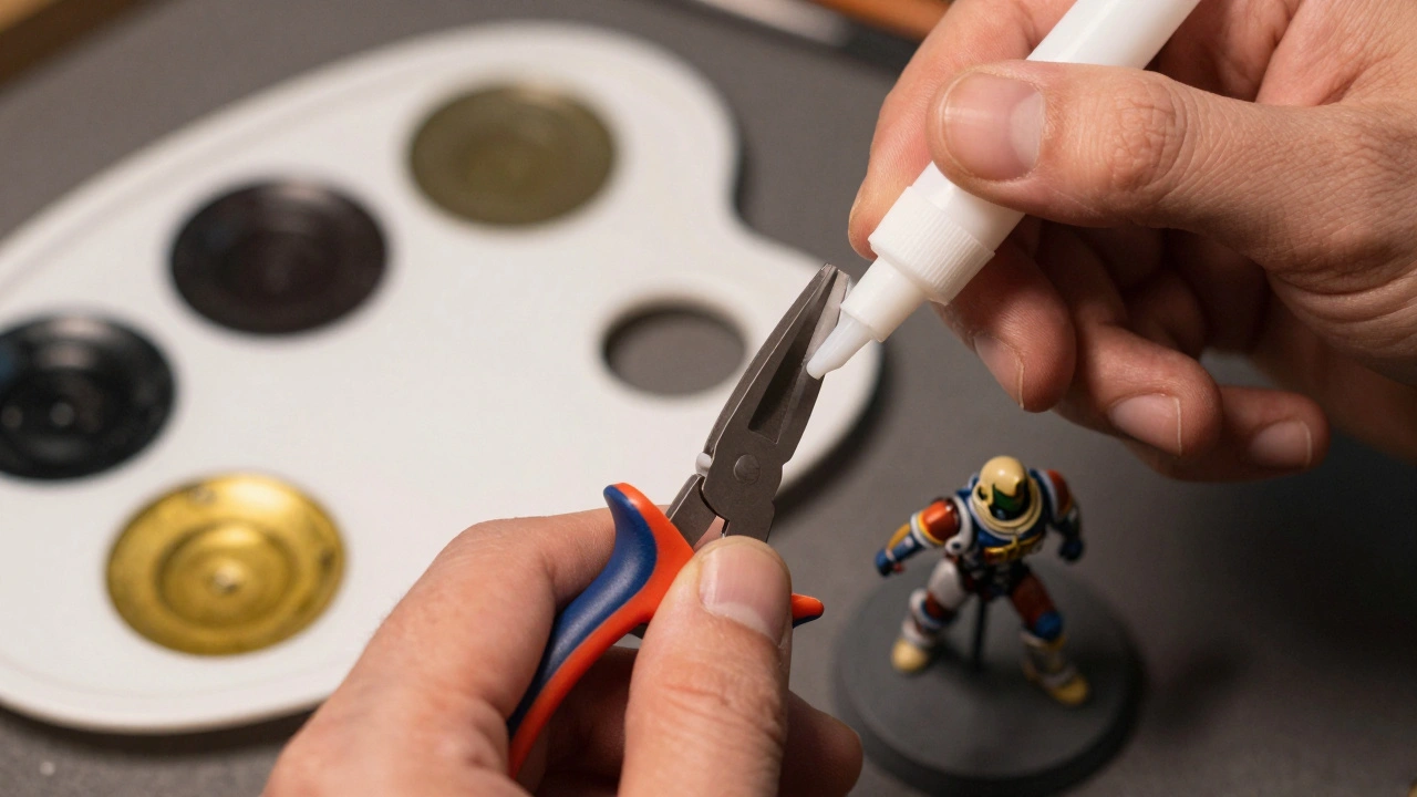 Руки режут пластиковую деталь кусачками и наносят клей на соединение миниатюры.