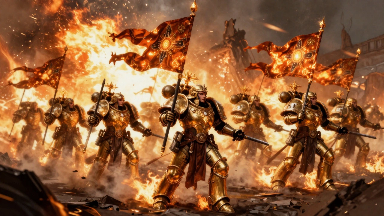 Сестры Битвы идут вперёд сквозь огонь, их доспехи сияют, а святые знамёна горят божественным пламенем.